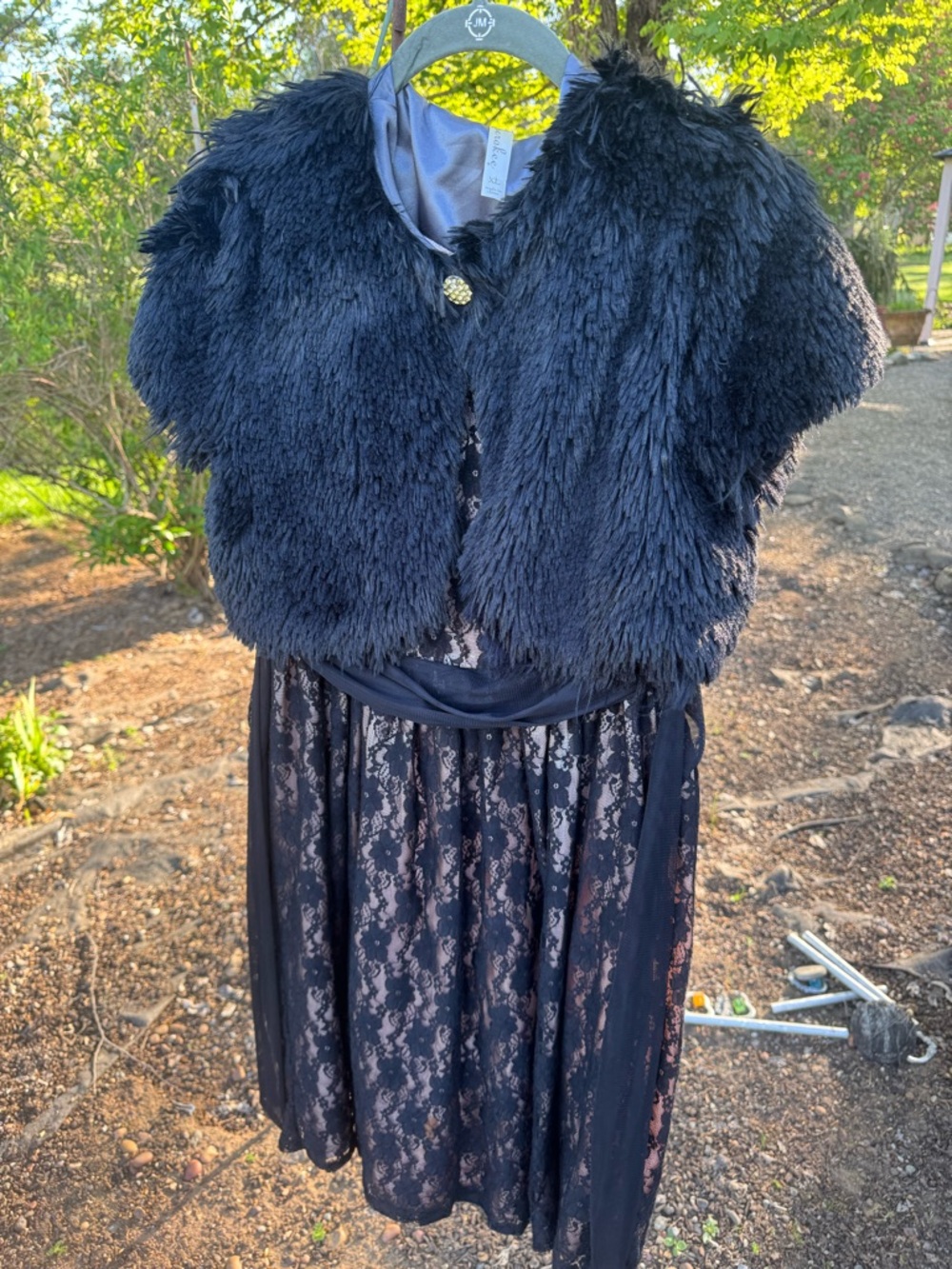 Cherokee Black Faux Fur Capelet with Dress with Satin Lining and Lace Overlay.